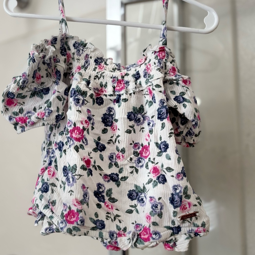 Girls Tahari Blue Pink Floral Off Shoulder Blouse/Skirt Set
